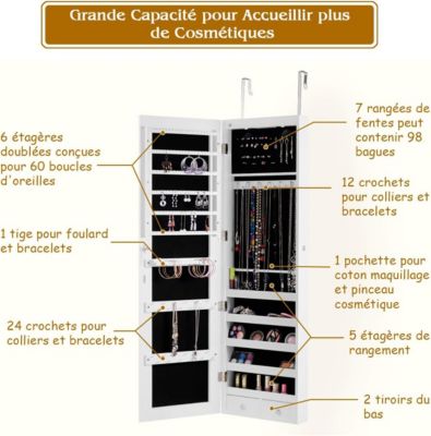 Armoire a Bijoux Suspendu avec Eclairage LED Miroir Plein sans Cadre