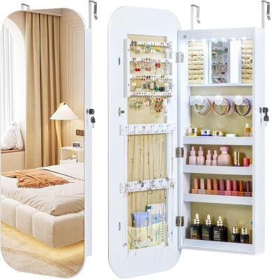 Armoire a Bijoux Suspendue avec Miroir Large, Porte Bijoux Mural d'Angle Rond, pour Boucles d'Oreilles, Colliers, 42x10x107,5 CM