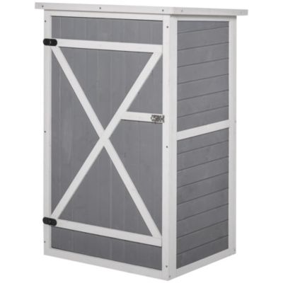 Armoire abri de jardin - grande porte verrouillable loquet - 2 étagères - toit bitumé incliné bois de sapin blanc gris