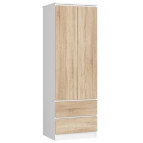 Armoire AKORD S60 Blanche 60 cm 2 portes 2 tiroirs façade Chêne Sonoma 1 étagère 60x51x180 cm