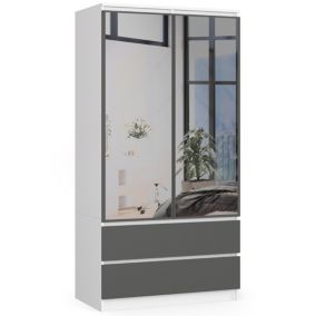 Armoire AKORD S90 avec miroir Blanche 90 cm 2 portes 2 tiroirs façade Gris Graphite 4 étagères 90x51x180 cm