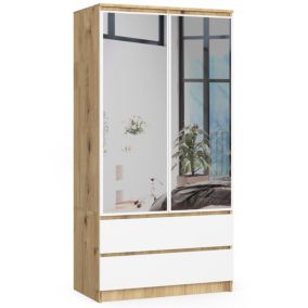 Armoire AKORD S90 avec miroir Chêne Artisan 90 cm 2 portes 2 tiroirs façade Blanche 4 étagères 90x51x180 cm