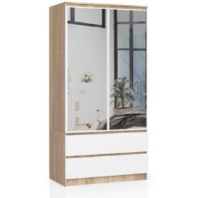 Armoire AKORD S90 avec miroir Chêne Sonoma 90 cm 2 portes 2 tiroirs façade Blanche 4 étagères 90x51x180 cm