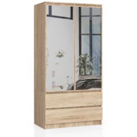 Armoire AKORD S90 avec miroir Chêne Sonoma 90 cm 2 portes 2 tiroirs façade Chêne Sonoma 4 étagères 90x51x180 cm