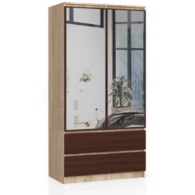 Armoire AKORD S90 avec miroir Chêne Sonoma 90 cm 2 portes 2 tiroirs façade Wengé 4 étagères 90x51x180 cm