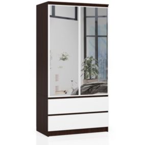 Armoire AKORD S90 avec miroir Wengé 90 cm 2 portes 2 tiroirs façade Blanche 4 étagères 90x51x180 cm