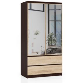 Armoire AKORD S90 avec miroir Wengé 90 cm 2 portes 2 tiroirs façade Chêne Sonoma 4 étagères 90x51x180 cm