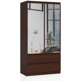 Armoire AKORD S90 avec miroir Wengé 90 cm 2 portes 2 tiroirs façade Wengé 4 étagères 90x51x180 cm