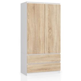 Armoire AKORD S90 Blanche 90 cm 2 portes 2 tiroirs façade Chêne Sonoma 4 étagères 90x51x180 cm