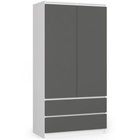 Armoire AKORD S90 Blanche 90 cm 2 portes 2 tiroirs façade Gris Graphite 4 étagères 90x51x180 cm