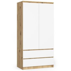 Armoire AKORD S90 Chêne Artisan 90 cm 2 portes 2 tiroirs façade Blanche 4 étagères 90x51x180 cm