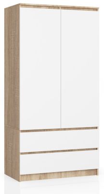 Armoire AKORD S90 Chêne Sonoma 90 cm 2 portes 2 tiroirs façade Blanche 4 étagères 90x51x180 cm