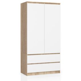 Armoire AKORD S90 Chêne Sonoma 90 cm 2 portes 2 tiroirs façade Blanche 4 étagères 90x51x180 cm