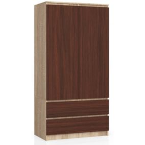 Armoire AKORD S90 Chêne Sonoma 90 cm 2 portes 2 tiroirs façade Wengé 4 étagères 90x51x180 cm