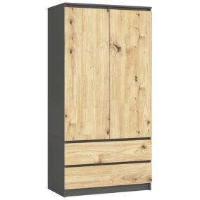 Armoire AKORD S90 Gris Graphite 90 cm 2 portes 2 tiroirs façade Chêne Artisan 4 étagères 90x51x180 cm