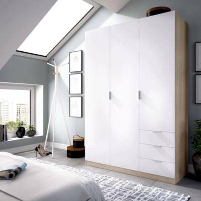 Armoire Allentown, Armoire de Chambre avec 3 Portes et 3 Tiroirs, Armoire avec Barre de Suspension, 121x52h180 cm, Blanc et Chêne