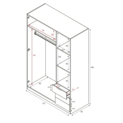 Armoire Allentown, Armoire de Chambre avec 3 Portes et 3 Tiroirs, Armoire avec Barre de Suspension, 121x52h180 cm, Blanc et Chêne