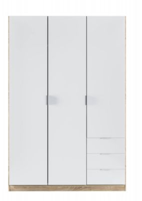 Armoire Allentown, Armoire de Chambre avec 3 Portes et 3 Tiroirs, Armoire avec Barre de Suspension, 121x52h180 cm, Blanc et Chêne