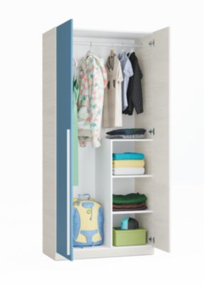 Armoire avec 2 portes coloris Blanc Alpes / bleu en mélamine - Dim : 200 x 90 x 52 cm