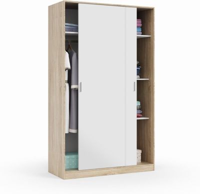 Armoire avec 2 portes coulissantes coloris blanc / chêne canadien - Dim : H 200 x L 120 x P 50 cm