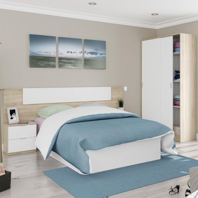 Armoire avec 2 portes coulissantes coloris blanc / chêne canadien - Dim : H 200 x L 120 x P 50 cm