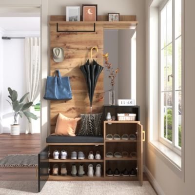 Armoire avec Miroir, Banc et Patère - Armoire à Chaussures - Panneaux de Particules et MDF - 105 x 38,5 x 190,5 cm - Naturel