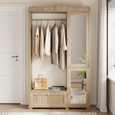 Armoire avec miroir et penderie ouverte, Armoire compacte et pratique avec tiroir et 2 portes, idéale pour la chambre et l'entrée