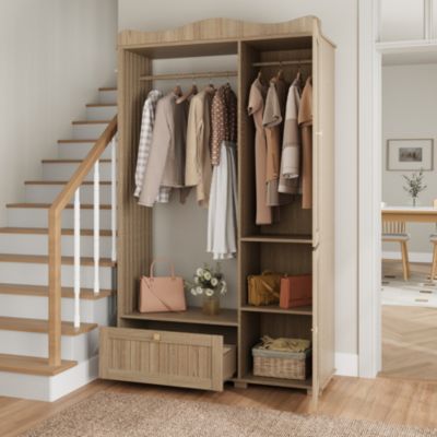 Armoire avec miroir et penderie ouverte, Armoire compacte et pratique avec tiroir et 2 portes, idéale pour la chambre et l'entrée