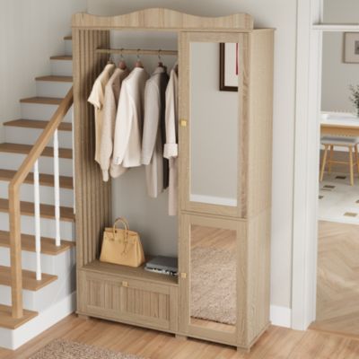 Armoire avec miroir et penderie ouverte, Armoire compacte et pratique avec tiroir et 2 portes, idéale pour la chambre et l'entrée