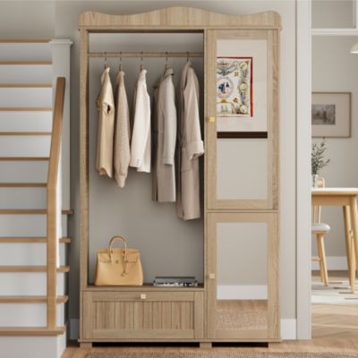 Armoire avec miroir et penderie ouverte, Armoire compacte et pratique avec tiroir et 2 portes, idéale pour la chambre et l'entrée