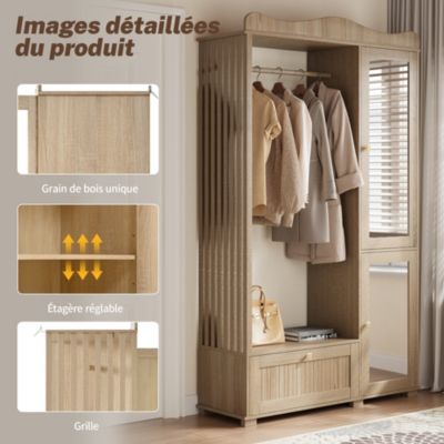 Armoire avec miroir et penderie ouverte, Armoire compacte et pratique avec tiroir et 2 portes, idéale pour la chambre et l'entrée