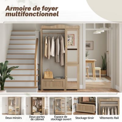 Armoire avec miroir et penderie ouverte, Armoire compacte et pratique avec tiroir et 2 portes, idéale pour la chambre et l'entrée
