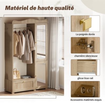 Armoire avec miroir et penderie ouverte, Armoire compacte et pratique avec tiroir et 2 portes, idéale pour la chambre et l'entrée