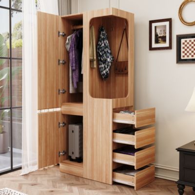Armoire avec Rangement - 1 Porte avec 4 Tiroirs et Espace ouvert pour Vêtements, Bois de Pin/Contreplaqué/MDF, Blanc, 70x40x170 cm