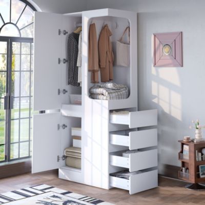 Armoire avec rangement 1 porte avec tiroirs et compartiments pour vêtements, Bois et MDF, Blanc 70x40x170 cm