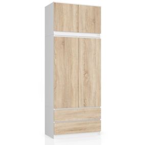 Armoire avec surmeuble AKORD S90 Blanche 90 cm 2 portes 2 tiroirs façade Chêne Sonoma 6 étagères 90x51x234 cm