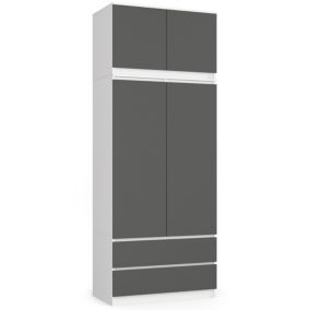 Armoire avec surmeuble AKORD S90 Blanche 90 cm 2 portes 2 tiroirs façade Gris Graphite 6 étagères 90x51x234 cm