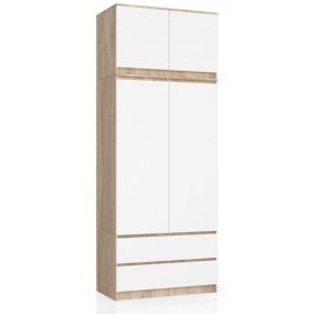 Armoire avec surmeuble AKORD S90 Chêne Sonoma 90 cm 2 portes 2 tiroirs façade Blanche 6 étagères 90x51x234 cm