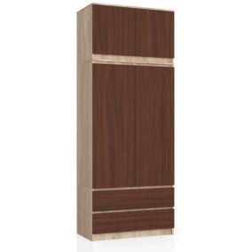 Armoire avec surmeuble AKORD S90 Chêne Sonoma 90 cm 2 portes 2 tiroirs façade Wengé 6 étagères 90x51x234 cm