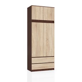 Armoire avec surmeuble AKORD S90 Wengé 90 cm 2 portes 2 tiroirs façade Chêne Sonoma 6 étagères 90x51x234 cm