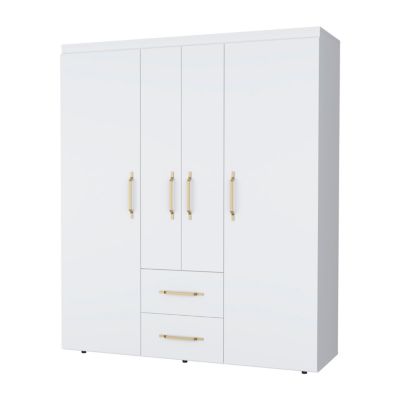Armoire Bariloche en mélaminé avec 4 portes, 4 étagères, 3 tringles à vêtements et 2 tiroirs, blanc, 177.9 cm X 150.3 cm X 50.4 cm