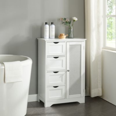 Armoire basse de salle de bain Karlsoey avec 1 porte et 4 tiroirs MDF PVC 80 x 55 x 30 cm blanc en.casa