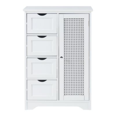 Armoire basse de salle de bain Karlsoey avec 1 porte et 4 tiroirs MDF PVC 80 x 55 x 30 cm blanc en.casa