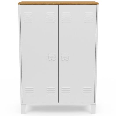 Armoire basse ESTER 2 portes métal blanc et plateau bois design industriel