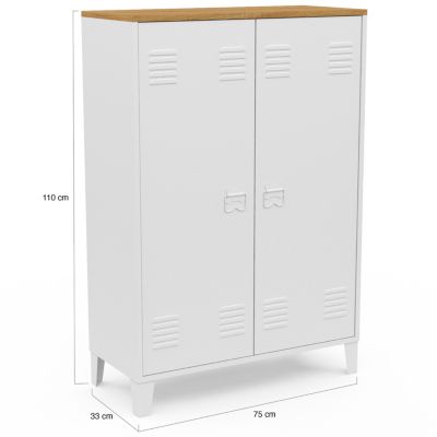 Armoire basse ESTER 2 portes métal blanc et plateau bois design industriel