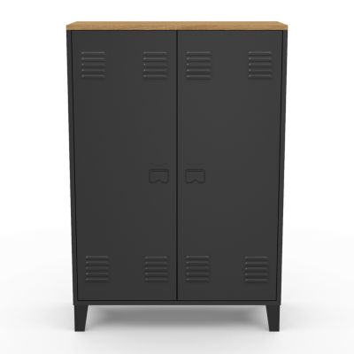 Armoire basse ESTER 2 portes métal noir et plateau bois design industriel