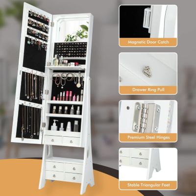 Armoire à Bijoux COSTWAY Avec Miroir Pleine Longueur Et LED - Organisateur 72 Emplacements Boucles D'Oreilles, Étagères Pliables Blanc