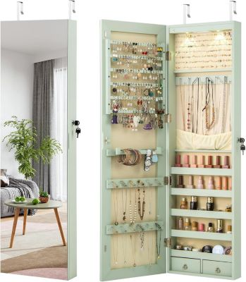 Armoire à Bijoux avec Miroir, Armoire a Bijoux Murale avec Éclairage LED, 2 Tiroirs, Fixer au Mur ou à Suspendre sur Porte (Vert)