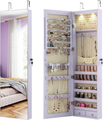Armoire à Bijoux avec Miroir,Armoire a Bijoux Murale avec Éclairage LED,2 Tiroirs,Fixer au Mur ou à Suspendre sur Porte (Violet)