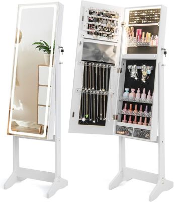 Armoire à Bijoux avec Miroir Armoire de Rangement sur Pied pour Boucles Oreilles Bague Collier Organisateur de Bijoux Blanc